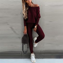 Spring Set Women 2 Pieces Solid Colour Fashion Skew Shoulder Long Sleeve Loose Sports Trousers Tight Pants Tracksuit 220315
