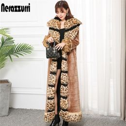 Nerazzurri x-long winter faux fur coat women with leopard fox fur trim lengthened furry warm plus size fake mink fur overcoat 201210