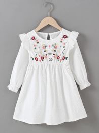 Toddler Girls Swiss Dot Flower Embroidered Flounce Sleeve Ruffle Trim Dress SHE