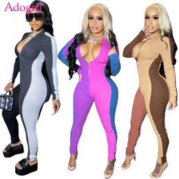 Adogirl Colour Patchwork Ribbed Jumpsuit Fall Winter Zipper V Neck Long Sleeve Casual Active Romper Female Tracksuits 201007