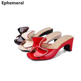 Ladies Open Toe Slides With Bow Patent Leathe Shoes Square Heel Med Cute Sandals High Heels Zapatos Plus Size 44-2 Slides Summer X1020