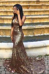 Sparkly Sequined Mermaid Prom Dresses Backless Halter Neck Court Train African Black Girl Formal Evening Party Gowns