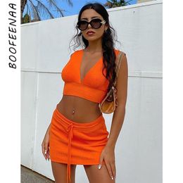 BOOFEENAA Neon Orange Ribbed Sexy Two Piece Set Women Deep V Crop Top Skirt Matching Sets Summer Club Outfits for Women C69-AB01 T200701