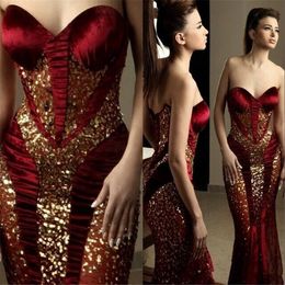 Rami Salamoun New Sexy Mermaid Red Burgundy Velvet Evening Dresses Wear Sweetheart Gold Crystal Beads Illusion Party Dress Formal Prom Gowns