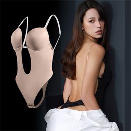 Bodysuit Shapewear Deep V-Neck Body Shaper Backless U Plunge Thong Shapers Waist Trainer Women Clear Strap Padded Push Up Corset 220125