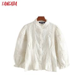 Tangada women retro embroidery white shirts pleated three quarter sleeve ruffles elegant office ladies crop blouses LJ200811