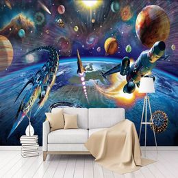 Custom Mural Wallpaper Modern Hand Painted Cartoon Space Spaceship Children Room Bedroom Wall Decoration For Kids