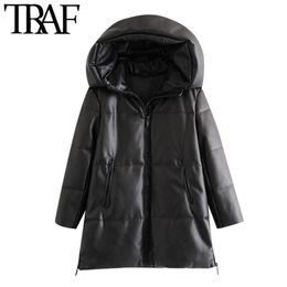 TRAF Women Fashion Thick Warm Winter Faux Leather Parkas Coat Vintage Hooded Long Sleeve Female Outerwear Chic Overcoat 201027