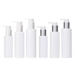 Refillable Whiteness Plasdtic Bottle PET White Matte Silver Collar Bring Card Buckle Lotion Press Pump Portable Cosmetic Packaging Container 100ml 150ml 200ml