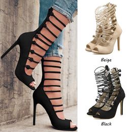 Women's High Heels Summer Shoes New Suede Fish Mounth Elastic Stretch Belt Buckle 11.5cm Party Sandals Black Apricot