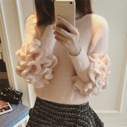Winter Short Ruffles Women Sweaters Korean New Fashion Pullovers Long Sleeve O-neck Casual Loose Knitted Sweater 63423 201030