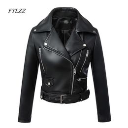 FTLZZ New Women Autumn Winter Black Faux Leather Jackets Zipper Basic Coat Turn-down Collar Motor Biker Jacket With Belt LJ200825