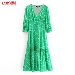 Tangada fashion women green dots print midi dress puff long sleeve ladies vintage summer dress vestidos LJ200820