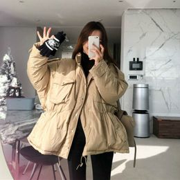 Korea Women Winter Thick Solid Cotton Parka Drawstring Slim Waist Overcoat Oversize Coat Jacket Zipper Outerwear with Pocket 201225
