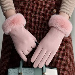 New Fashion Warm Gloves Women Winter Ribbed Plush Korean Japanese Cute Padded Touch Screen Women Gloves Black Pink Winter