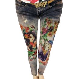 3D Flowers Pattern Painted Woman Elegant Style Denim Pants Trousers 3D Print Painted Pattern Jeans Women's Stretch Skinny Jeans 201030