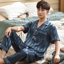 Summer Mens Satin Pyjamas Set Home Clothes Pojama Short Sleeve Men's Sleepwear PJ With Button Striped Loungewear Pajamas LJ201113