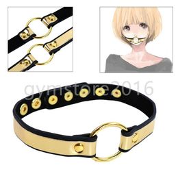 Bondage Gold O-ring Prank Leather Open Mouth Plug BDSM Slave Restraint Play Strap Belt #65
