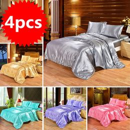 4pcs Luxury Silk Bedding Set Satin Queen King Size Bed Set Comforter Quilt Duvet Cover Linens with Pillowcases and Bed Sheet 201120