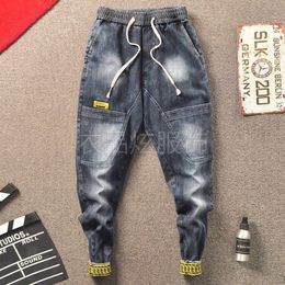 Yeni 2021 Büyük Cep Kargo Elastik Bel Streetwear Erkek Kore Jeans Sosyal Ruhu Guy Harem Pantolon Kovboy Moda Pantolon