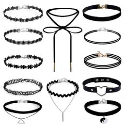 Chokers 8-12Pcs Different Gothic Stretch Velvet Tattoo Lace Choker Necklace Set Long Pendant Jewelry Women Black Collar Wholesale1