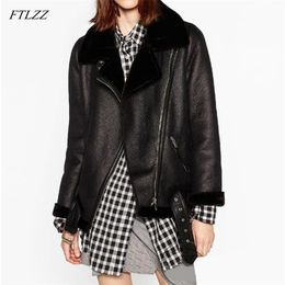 FTLZZ New Winter Women Sheepskin Coats Thicken Faux Leather Fur Female Coat Fur Lining Leather Jacket Aviator Jacket 201210