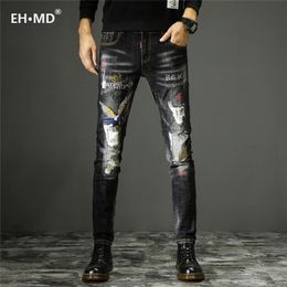 EH·MD® Eagle Embroidered Jeans Men Art Word Decoration Youth Soft Casual Cotton Elastic Slim Pants Badge Red Ear Hole Motorcycle 201111