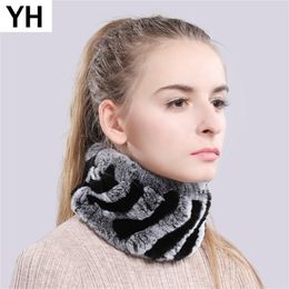 Women Real Handmade Stretch Scarf Knit Genuine Rex Rabbit Headbands Girls Natural Fur Ring Cowl Snood Scarves Winter Y201007