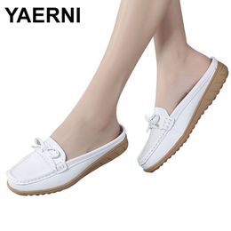 YAERNI Summer Women Half Hollow Slip on Breathable Leather Shoes Woman Slides Outside Butterfly-knot Slippers Y200423 GAI GAI GAI