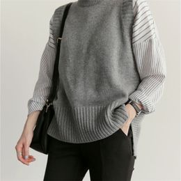 solid loose sweater spring autumn Women's vest knitted vest O neck joker knitted vest womens vests winter outerwear plus size 201214