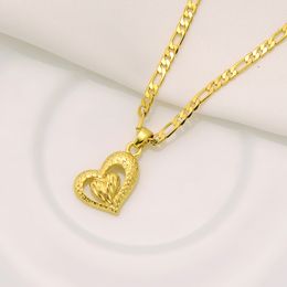 24k Solid Yellow Fine Gold FINISH Vogue girl inside outside Heart Pendant loveliness Italian Figaro Link Chain Necklace 24" 3 m