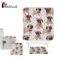 Miracille French BullDogs Shower Curtain 180x180cm 3pcs Toilet Mat Sets Waterproof Polyester Bathroom Curtain With 12 Hooks T200711