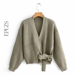 Womens green knitted Cardigan Sweater women long sleeve sashes chic sweater Streetwear Womens Knit Sweater 201221