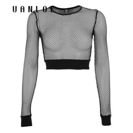 Harajuku Mesh Fishnet Crop Top Long Sleeve T Shirt See Through Summer Autumn Top Women Sexy Black Transparent Tshirt 201125