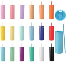 Reusable 16oz Acrylic Skinny Tumblers Matte Plastic Cups Double Wall Insulated Water Bottle Coffee Drinking Tumbler Sippy Cup With Closed Sealing Lid & Straws