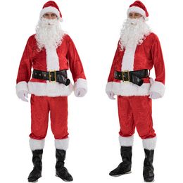 Christeiro Papai Noel Chapéu Claus +Top +Calças +Correia +Barba Fake 5pcs Homens Adultos Men Suje Cosplay Red Roupa Costura Dresses Fantasia