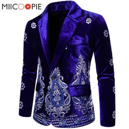 Blue Velvet Mens Floral Blazer Luxury Silver Thread Embroidery Single Button Wedding Suits For Men Social Veste Mariage Homme1