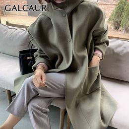 GALCAUR Thick Tweed Coat For Women Hooded Collar Long Sleeve Loose Pockets Oversized Elegant Coats Female Autumn Clothing 201103