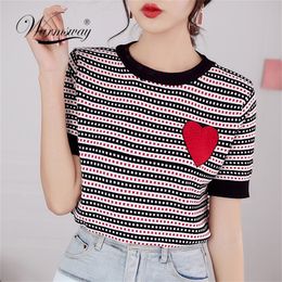 Luxury Designer Brand Knitted Top for Women O Neck Hot Drilling Red Love Striped Knitted T Shirts Black Blue LJ200814