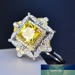 -Natürliche Citrin Edelstein Ringe für Frauen 925 Sterling Silber Farbe Zirkon Diamant Ring Quadrat Schnitt Gelb Kristall Verlobungsring