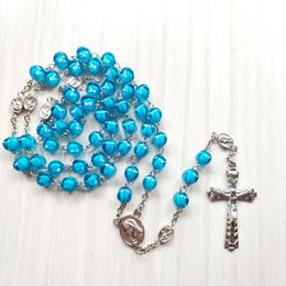 Christian Jesus Cross Rosary Necklace Blue Acrylic Long Necklace Religious Jewelry Accessories