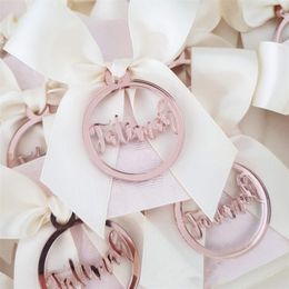 bag tags personalized Australia - 50 Pcs Personalized Laser Cut Baby Name Rose gold Mirror Round Decor For Baptism Christening Customized Circle Tags Bags Favors 201128
