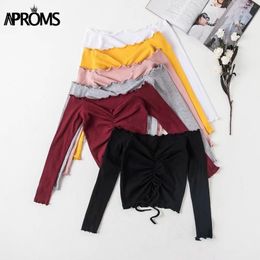 Aproms Ribbed Off Shoulder Drawstring Tie T Shirt Women Long Sleeve Short T-shirt Summer Casual Crop Top Female Tee Tshirts 201125