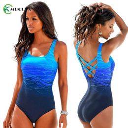 Gradient Color Cross Back Swimsuit Plus Size Swimwear Women Female Vintage Sport One Piece Beachwear Maillot De Bain Bikini T200114