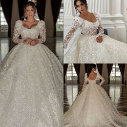 Arabic Scoop Neck A Line Wedding Dresses Plus Size Bridal Gowns Lace Sequined Sweep Train vestido de novia Long Sleeve Wedding Dress