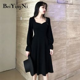 Beiyingni Long Black Party Dress Women Autumn Winter Plus Size Vintage A line Midi Dresses Square Collar Female M-4XL Dress 201028