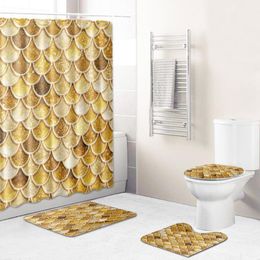 Bath Mats 4 Pcs Golden Set Anti Slip Bathroom Rug With Shower Curtain Toilet Rugs Floor Foot