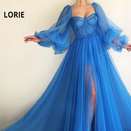 LORIE Long Puffy Sleeve Blue Prom Dresses Tulle Backless Lace-up Evening Gown Formal Evening Party Gown Robe De Soiree Plus Size LJ200821