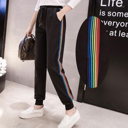 DONAMOL Plus size women's Casual Pants Harem long Trousers Rainbow Patchwork Striped Drawstring Waist Sweatpants 200KG1