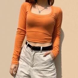 Women Scoop Neck Ribbed Crop T-shirt With Long Sleeve Cropped Top 201028